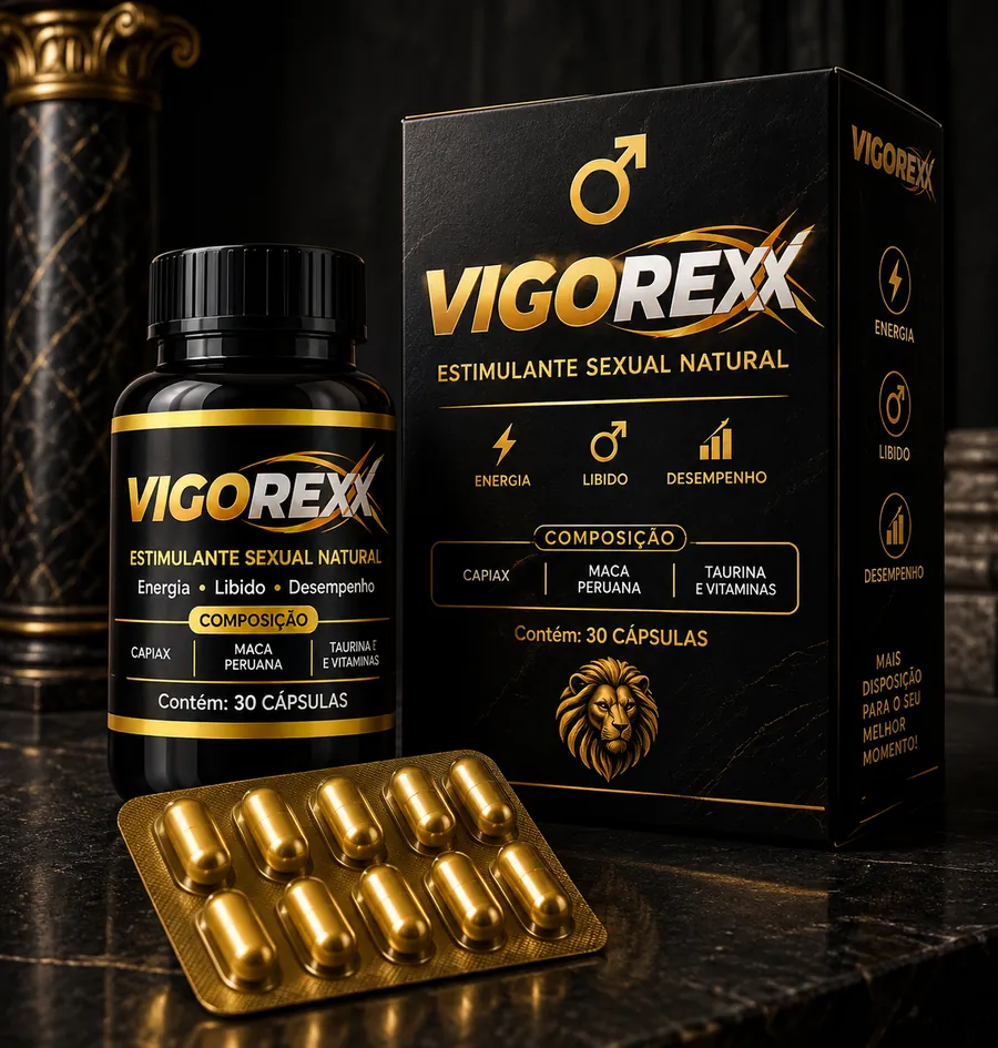 Frasco, caixa e cartela de cápsulas douradas do VigorExx